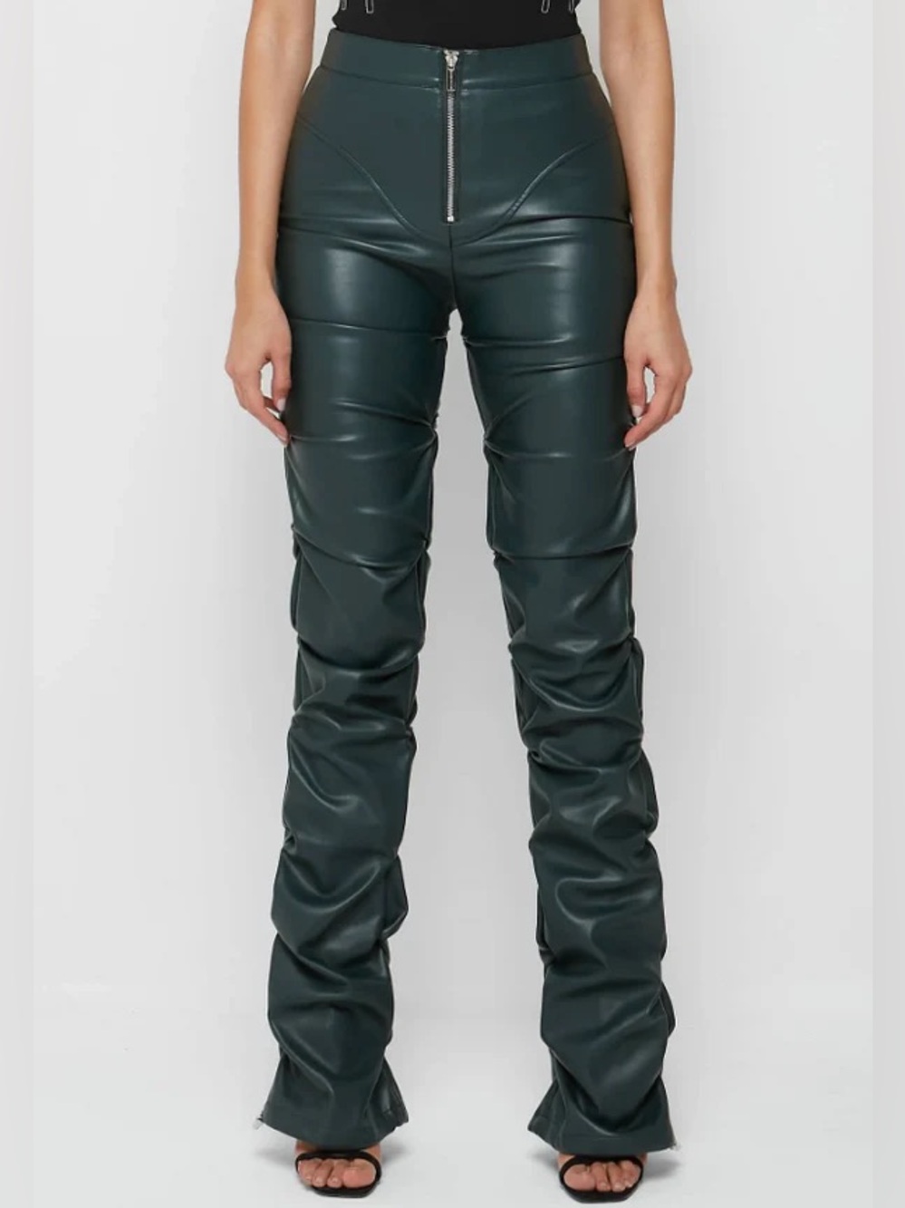 Maniere De Voir Tacked Leather Flared Trousers Dark Green